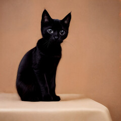 Cute black kitten sitting on a peach background and looking at the camera