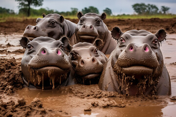 Group of hippos lounging in mud in their natural habitat suitable for wildlife awareness campaigns - obrazy, fototapety, plakaty