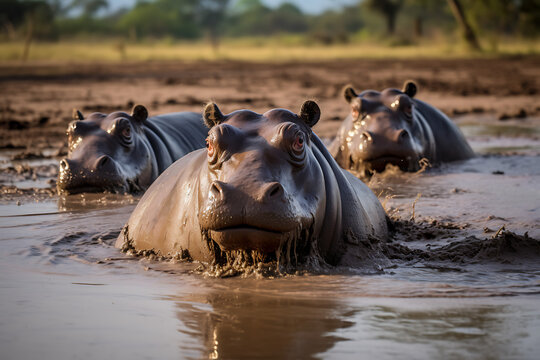 Hippos in muddy waters in their natural habitat suitable for wildlife conservation themes - Powered by Adobe
