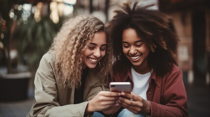 Two young girls friends, one white girl and one black girl,  watch a video on a smartphone and laugh and have fun. Social networks, views, media content background generative ai - obrazy, fototapety, plakaty