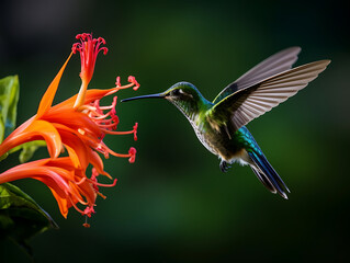 Naklejka premium Hummingbird feeding on orange flower in a vibrant natural setting
