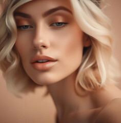 Beautiful blonde woman portrait with natural colored lips. Peach fuzz, the color of the year 2024.  Close-up