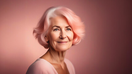 senior woman portrait with peach-colored short hair on the pink background