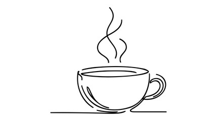 Continuous thin line coffee cup with smoke vector illustration, minimalist sketch doodle for cafe.