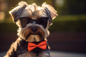 Stylish dog with sunglasses and bow tie in warm light