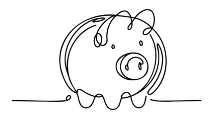 Piggy bank in continuous line art drawing style. Pig moneybox black linear sketch isolated on white background. Vector illustration - obrazy, fototapety, plakaty