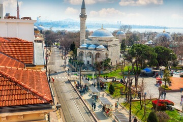 View of the central historical part of Istanbul on a sunny spring day from above. Central square. Turkey. Istanbul.