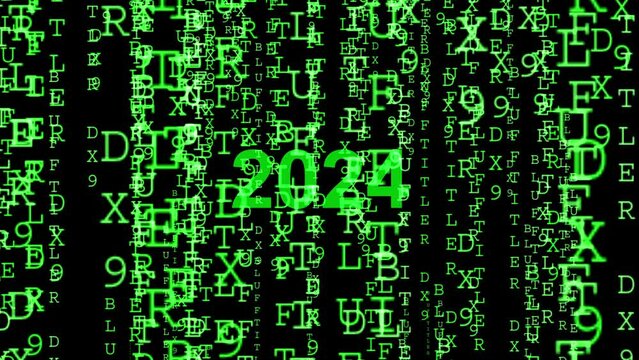 High quality 2024 New Year animation set on matrix style background. 4K resolution.