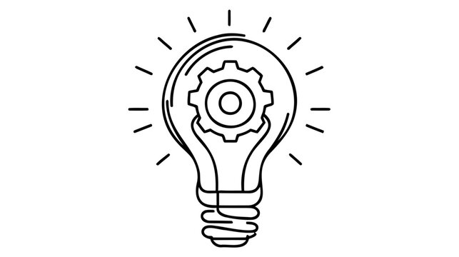 Single continuous line drawing of clean lightbulb with gear wheel mechanic inside for logo label.