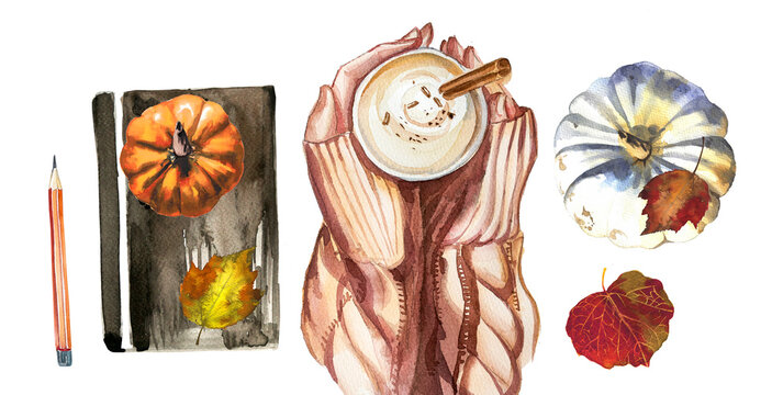 Hands with hot coffee with cinnamon closeup, pumpkins, notebook and pencil top view. Watercolor hand painted  autumn flat lay illustration.  Fall themed design. School,collage autumn education scene.