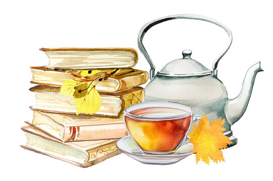 Vintage book stack and a cup of tea. Autumn reading concept design. School themed design. Book lover illustration.Bookworm clipart isolated on white.