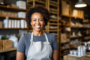 A cheerful Black woman in a gray shirt and apron stands in a well-lit store with shelves of products in the background. - obrazy, fototapety, plakaty