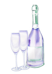 Purple champagne bottle with glasses. Drink illustration. Celebration themed design. Romantic  drink clipart for greeting card.