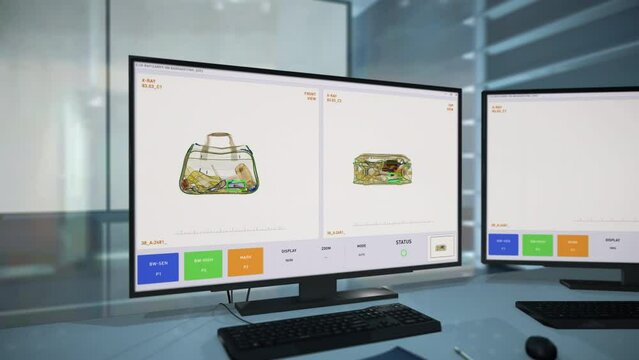 Departures Baggage X-Ray Scanner Detects Prohibited Item Inside Passengers Bag. Departures Inspection Baggage X-Ray System For Airport Safety. Departures Baggage X-Ray Customs Security Check