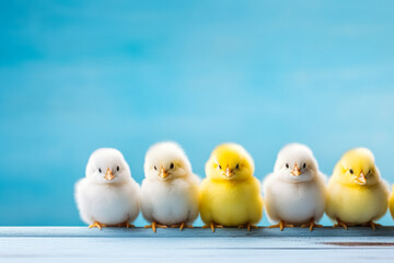 A row of fluffy white and yellow chicks lined up on a wooden surface with a bright blue background, perfect for Easter or spring themes.