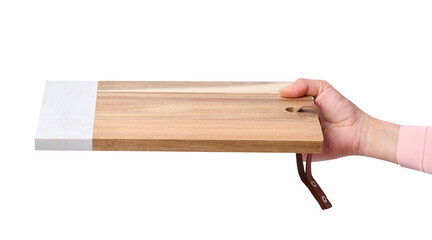 Female hand holding a rectangular empty kitchen board
