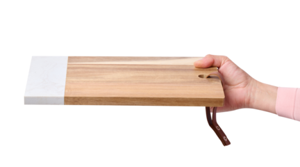 Female hand holding a rectangular empty kitchen board