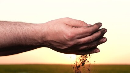 farmer hands fingers sprinkle soil soil sunset field. agricultural ecologically clean land. soil...