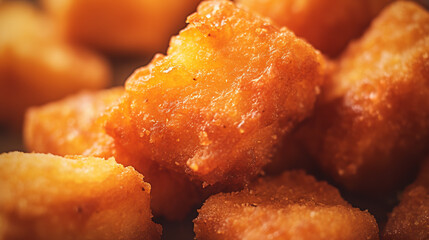 Extreme close up of nuggets, food photography, movie still, washed-out colors