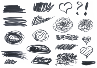 Various black marker shapes on a white background, frame, heart and question mark