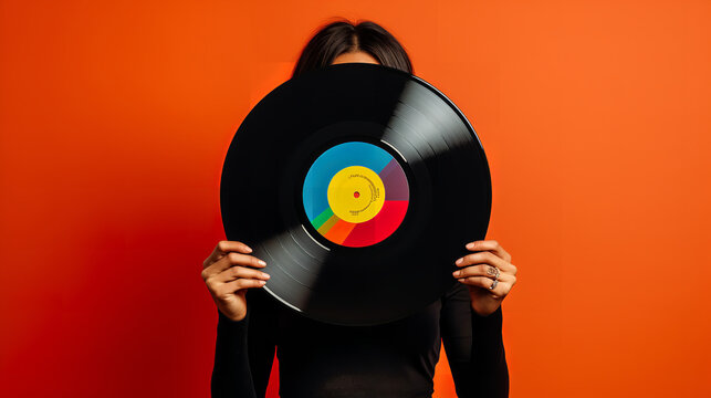 Full body image of woman holding black vinyl record in front of her face on colored background 