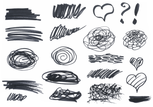 Various black marker shapes on a white background, frame, heart and question mark