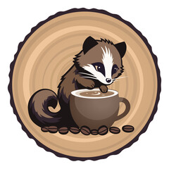 Civet with a cup of premium kopi luwak coffee and coffee beans on a wood cross-section. Minimalistic isolated vector image without background, design for coffee houses.