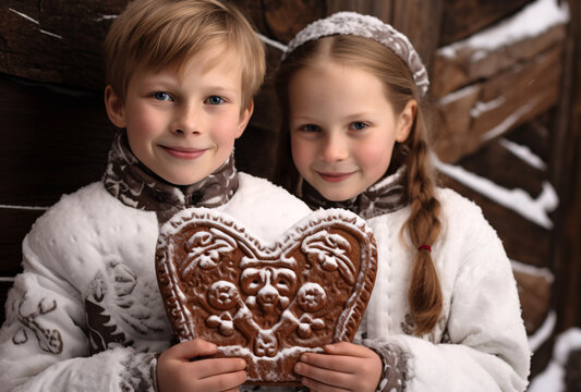 two kids in snow holding gingerbread, danish design