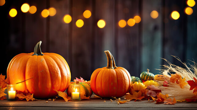 Thanksgiving - Pumpkins And Corncobs On Rustic Table With Garland And Defocused Abstract Lights