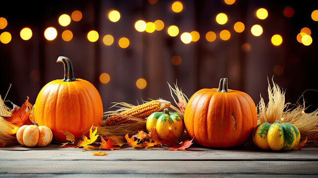 Thanksgiving - Pumpkins And Corncobs On Rustic Table With Garland And Defocused Abstract Lights