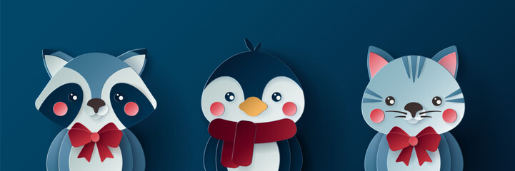 Vector cute christmas paper cut 3d animals with shadow on colored background. Winter cartoon animal design for presentation, banner, cover, web, flyer, card, sale, poster, slide and social media	