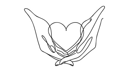 Continuous one line drawing arms holding heart. Charity donation linear concept. Vector isolated on white - obrazy, fototapety, plakaty