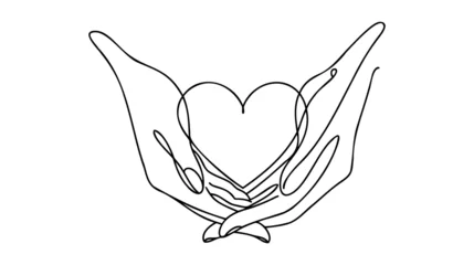 Crédence de cuisine en verre imprimé Une ligne Continuous one line drawing arms holding heart. Charity donation linear concept. Vector isolated on white