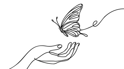 Butterfly flies by hand one line drawing on white isolated background. Vector illustration - obrazy, fototapety, plakaty