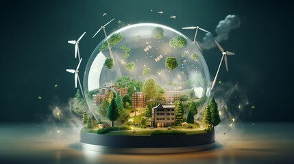 An acrylic globe surrounded by renewable energy icons, a sustainable future.