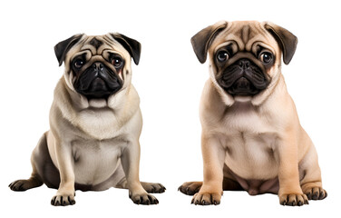 Set of Cute Pug Pooches: Puppy and Mature Pug Dog Sitting, Isolated on Transparent Background, PNG