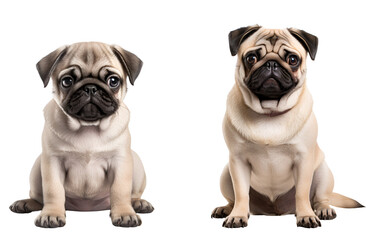 Set of Cute Pug Canines: Pups and Fully Grown Pug Dog Resting, Isolated on Transparent Background, PNG