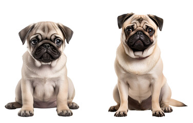 Fototapeta premium Set of Cute Pug Canines: Pups and Fully Grown Pug Dog Resting, Isolated on Transparent Background, PNG