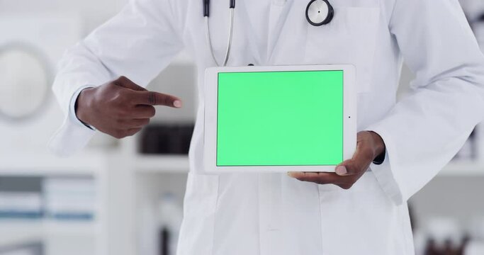 Doctor, hands and tablet green screen for medical presentation, healthcare software or website in hospital. Professional scientist or person pointing to digital technology mockup or space for clinic
