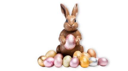 Chocolate Easter bunny with colorful eggs, ideal for holiday greeting cards