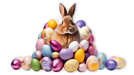 Fototapeta na wymiar Chocolate Easter bunny with colorful eggs, ideal for holiday greeting cards