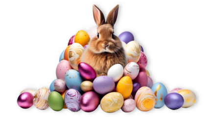 Chocolate Easter bunny with colorful eggs, ideal for holiday greeting cards