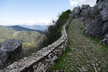 Fototapeta na wymiar Stone pathway in a mountainous landscape with greenery and clear skies.