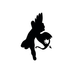 Silhouette of aiming Cupid with bow and arrow on white background