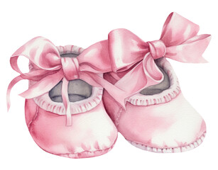 Watercolor illustration of a pink baby booties. It's a girl. Newborn. Transparent background, png. Ai generated. - Powered by Adobe