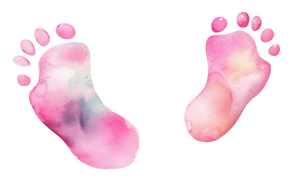 Watercolor illustration of a pink baby footprints. It's a girl. Newborn. Transparent background, png. Ai generated.
