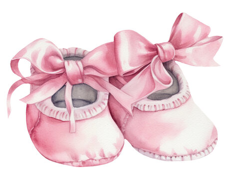 Watercolor illustration of a pink baby booties. It's a girl. Newborn. Transparent background, png. Ai generated.