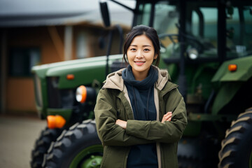 Fototapeta na wymiar Beautiful friendly Asian young woman standing in front of tractor machine and smiling cheerfully to camera. Pretty happy female farmer worker in field at farm. Agricultural work.