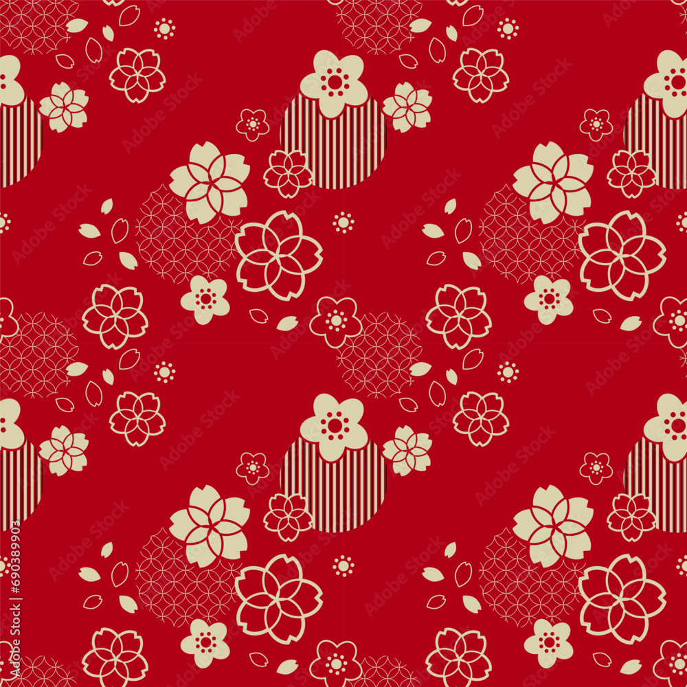 Wall mural japanese spring flowers traditional red pattern in oriental style. vector seamless pattern design fo