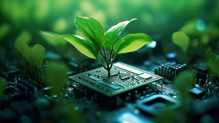 Circuit board with microchip processor technology and plant sprout on blur background. - obrazy, fototapety, plakaty